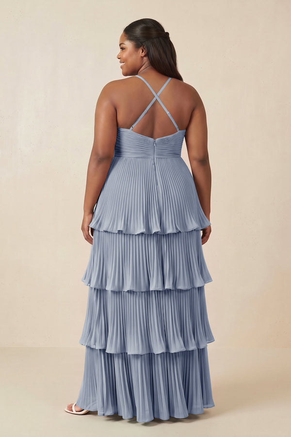 Tiered Pleated V-Neck A-Line Chiffon Bridesmaid Dress in Twilight
