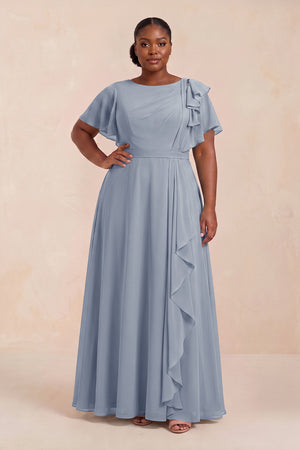 Short Sleeves Bateau A-Line Chiffon Bridesmaid Dress in Twilight