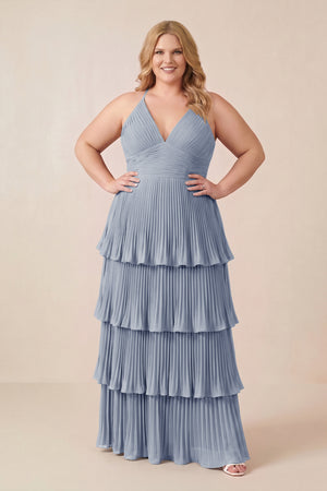 Tiered Pleated V-Neck A-Line Chiffon Bridesmaid Dress in Twilight