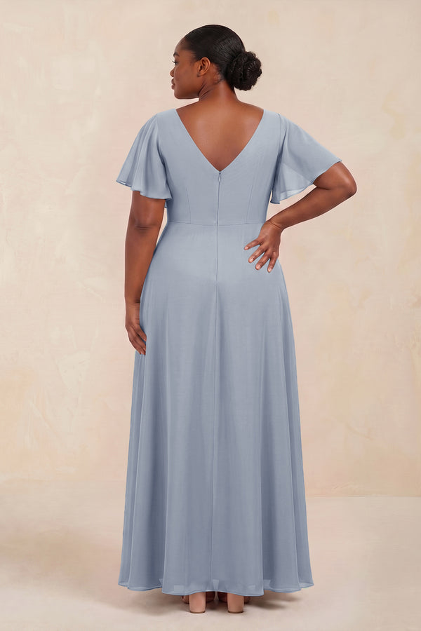 Short Sleeves Bateau A-Line Chiffon Bridesmaid Dress in Twilight
