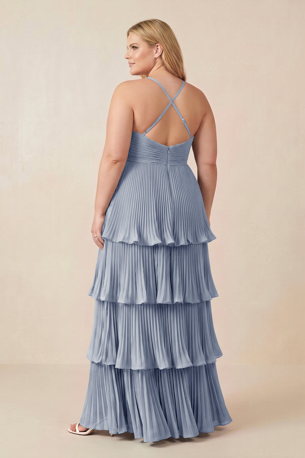 Tiered Pleated V-Neck A-Line Chiffon Bridesmaid Dress in Twilight