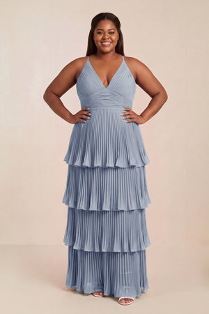Tiered Pleated V-Neck A-Line Chiffon Bridesmaid Dress in Twilight