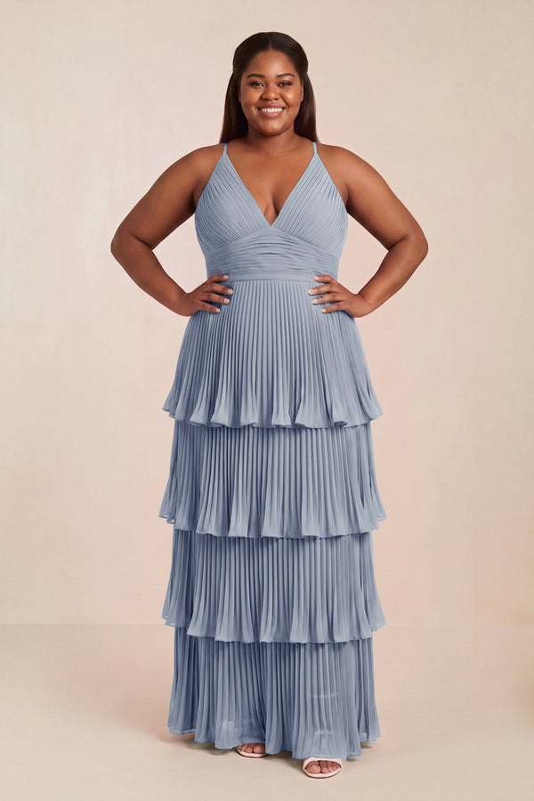 Tiered Pleated V-Neck A-Line Chiffon Bridesmaid Dress in Twilight