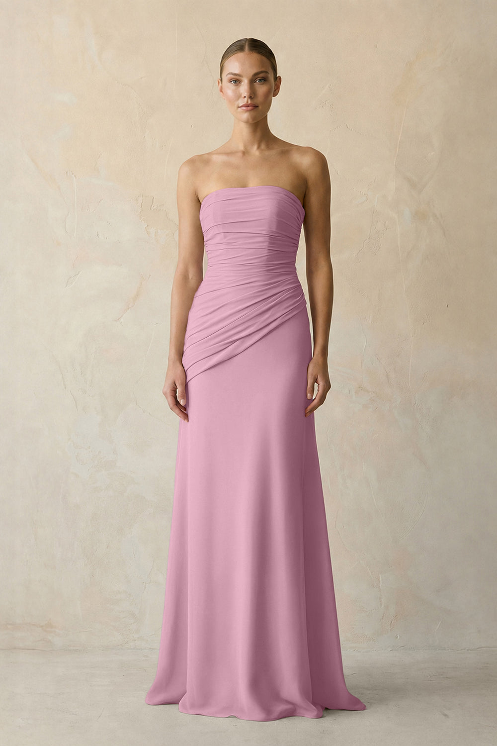 Sheath Chiffon Strapless Pleated Bridesmaid Dress in Vintage Mauve