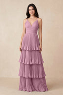 Tiered Pleated V - Neck A - Line Chiffon Bridesmaid Dress in Vintage Mauve - KISS BRIDAL Bridesmaid Dresses