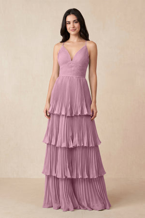 Tiered Pleated V - Neck A - Line Chiffon Bridesmaid Dress in Vintage Mauve - KISS BRIDAL Bridesmaid Dresses