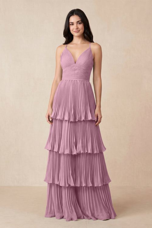 Tiered Pleated V - Neck A - Line Chiffon Bridesmaid Dress in Vintage Mauve - KISS BRIDAL Bridesmaid Dresses