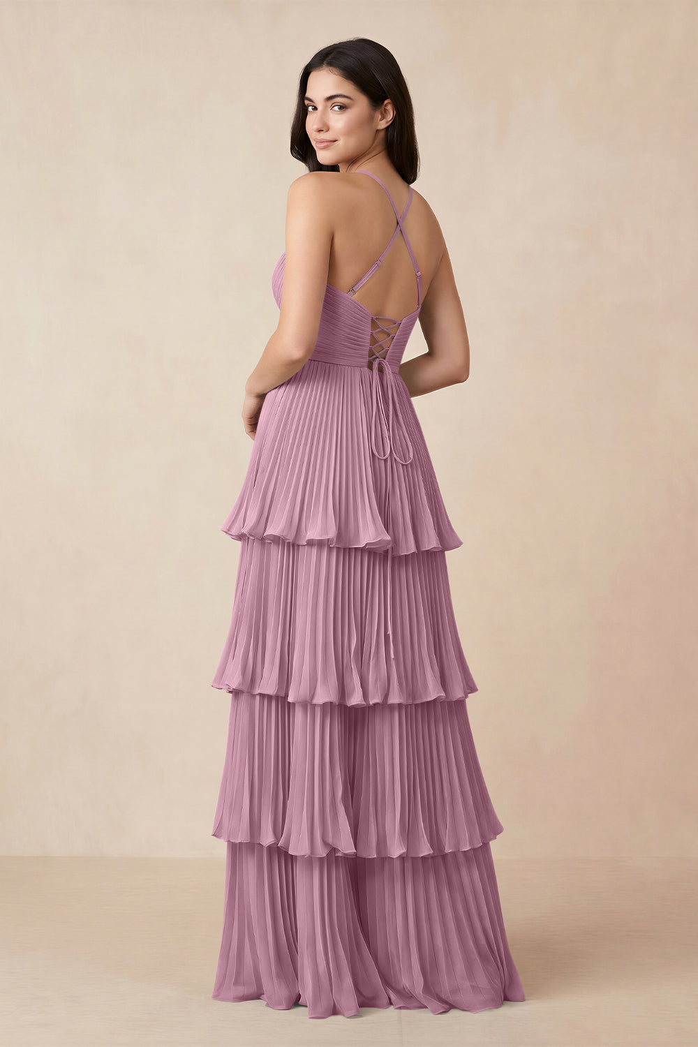 Tiered Pleated V-Neck A-Line Chiffon Bridesmaid Dress in Vintage Mauve