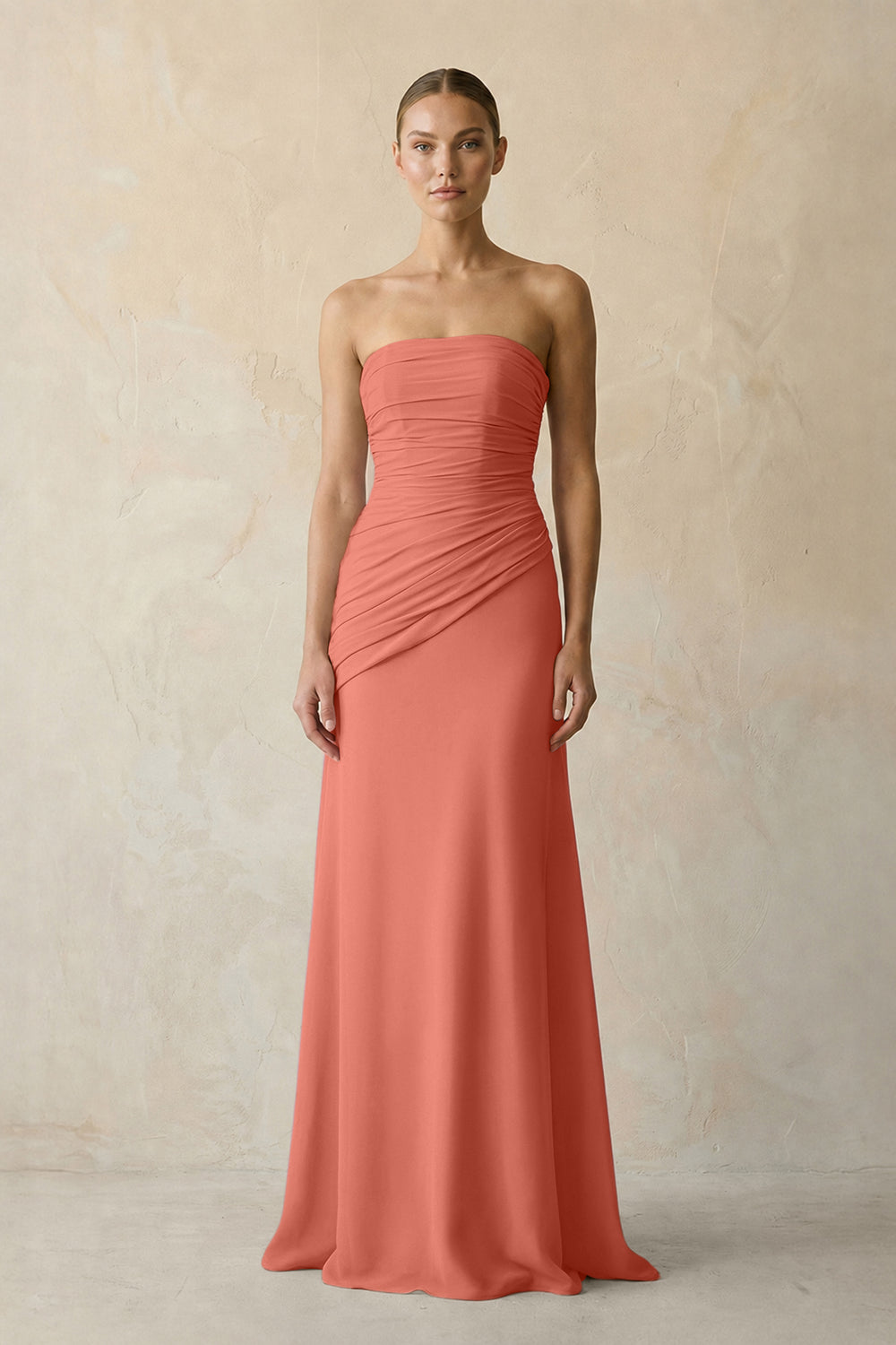 Sheath Chiffon Strapless Pleated Bridesmaid Dress in Wild Rose