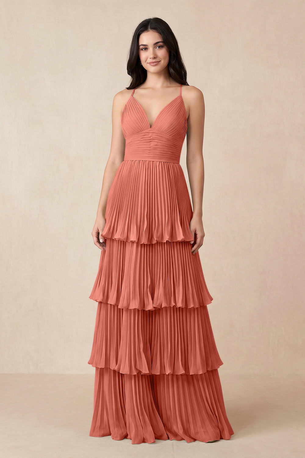 Tiered Pleated V-Neck A-Line Chiffon Bridesmaid Dress in Wild Rose