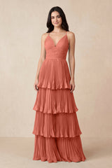 Tiered Pleated V - Neck A - Line Chiffon Bridesmaid Dress in WildRose - KISS BRIDAL Bridesmaid Dresses