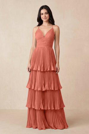 Tiered Pleated V - Neck A - Line Chiffon Bridesmaid Dress in WildRose - KISS BRIDAL Bridesmaid Dresses
