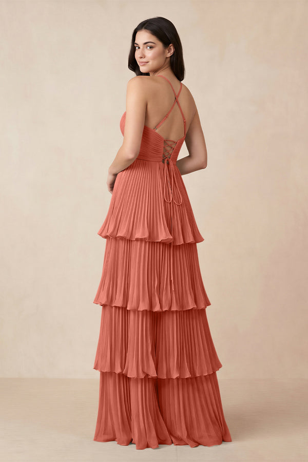 Tiered Pleated V - Neck A - Line Chiffon Bridesmaid Dress in WildRose - KISS BRIDAL Bridesmaid Dresses