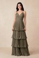 Tiered Pleated V - Neck A - Line Chiffon Bridesmaid Dress in Willow Green - KISS BRIDAL Bridesmaid Dresses