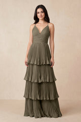 Tiered Pleated V - Neck A - Line Chiffon Bridesmaid Dress in Willow Green - KISS BRIDAL Bridesmaid Dresses