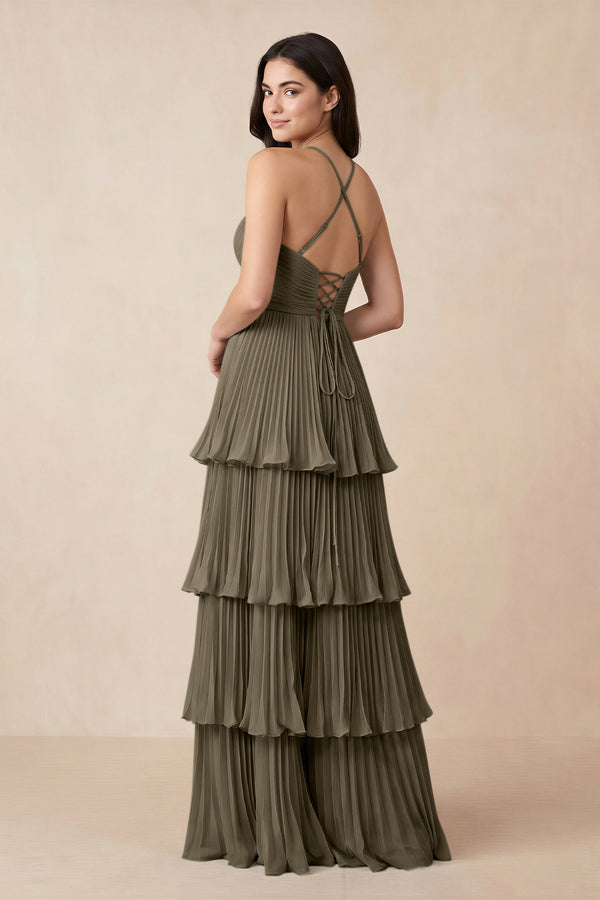 Tiered Pleated V - Neck A - Line Chiffon Bridesmaid Dress in Willow Green - KISS BRIDAL Bridesmaid Dresses