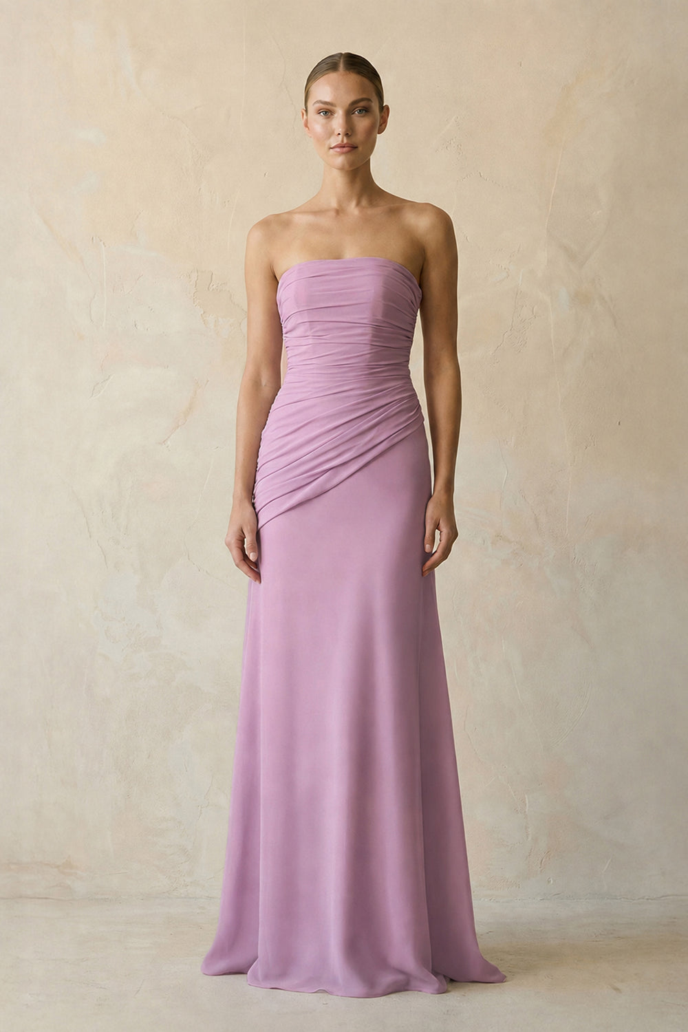 Sheath Chiffon Strapless Pleated Bridesmaid Dress in Wisteria