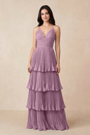 Tiered Pleated V - Neck A - Line Chiffon Bridesmaid Dress in Wisteria - KISS BRIDAL Bridesmaid Dresses