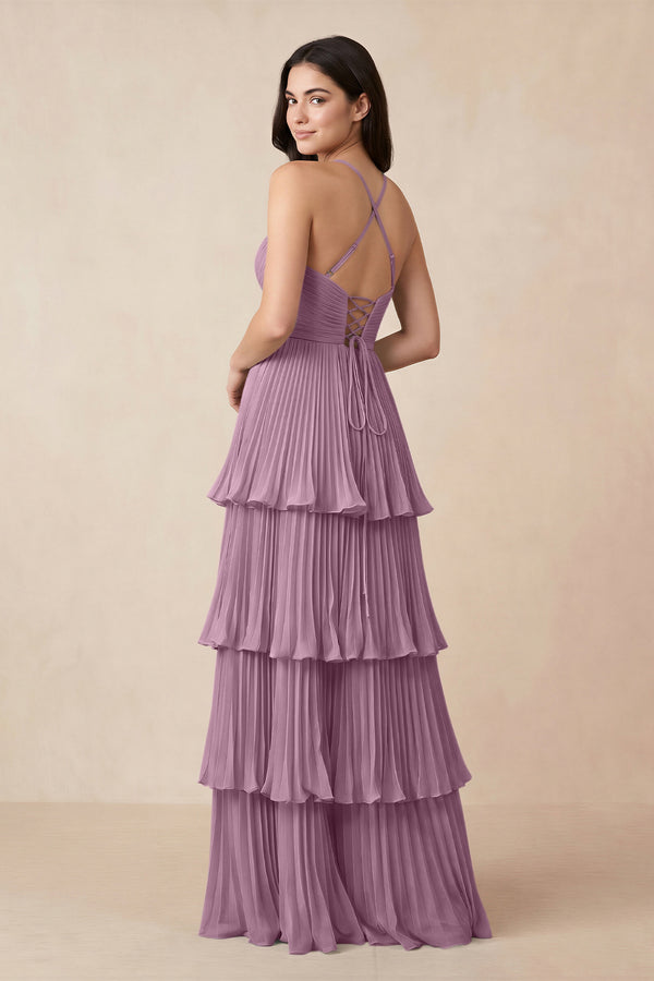 Tiered Pleated V - Neck A - Line Chiffon Bridesmaid Dress in Wisteria - KISS BRIDAL Bridesmaid Dresses