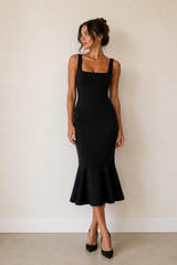 Square Neck Backless Sheath Midi Wedding Guest Dress in Black - KISSBRIDAL