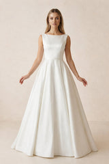 A Line Bateau Neck Satin Wedding Dress in Ivory - KISS BRIDAL Wedding Dresses