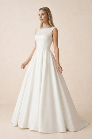 A Line Bateau Neck Satin Wedding Dress in Ivory - SHE IS ME Wedding Dresses