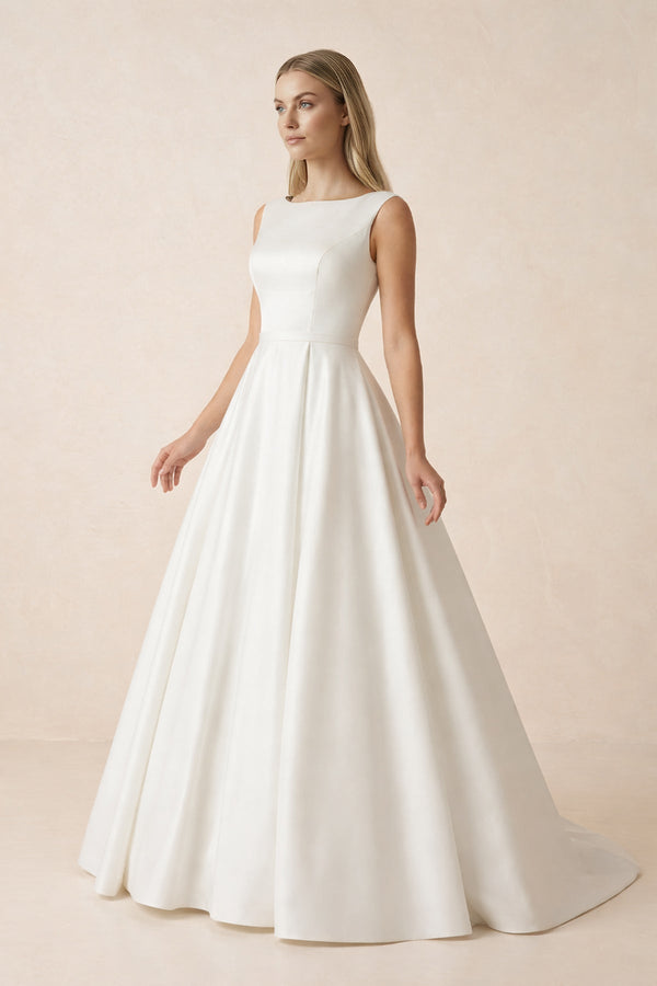 A Line Bateau Neck Satin Wedding Dress in Ivory - SHE IS ME Wedding Dresses