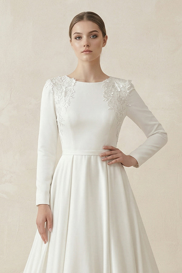 A - Line Boat Neck Satin Long Sleeves Wedding Dress in White - SHE IS ME Wedding Dresses