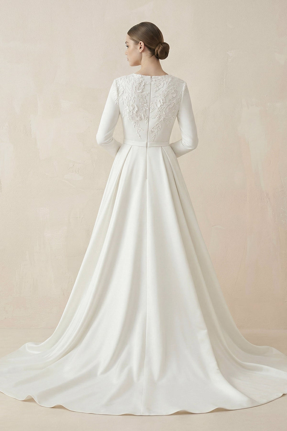 A - Line Boat Neck Satin Long Sleeves Wedding Dress in White - KISS BRIDAL Wedding Dresses