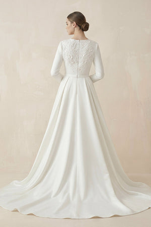 A - Line Boat Neck Satin Long Sleeves Wedding Dress in White - SHE IS ME Wedding Dresses