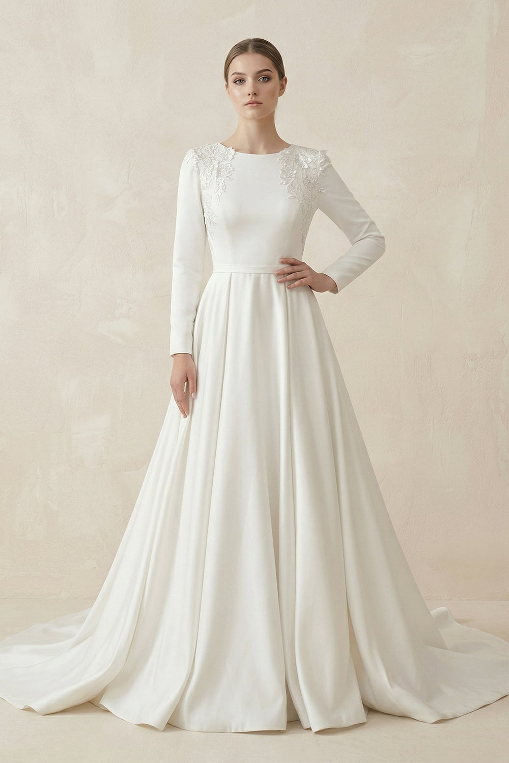 A - Line Boat Neck Satin Long Sleeves Wedding Dress in White - KISS BRIDAL Wedding Dresses