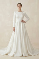 A - Line Boat Neck Satin Long Sleeves Wedding Dress in White - SHE IS ME Wedding Dresses
