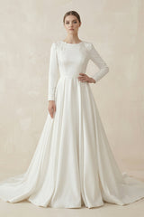 A - Line Boat Neck Satin Long Sleeves Wedding Dress in White - KISS BRIDAL Wedding Dresses