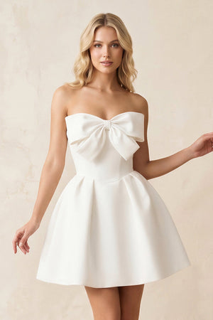 A - Line Bow Strapless Satin MIni Wedding Dress in White - SHE IS ME Wedding Dresses