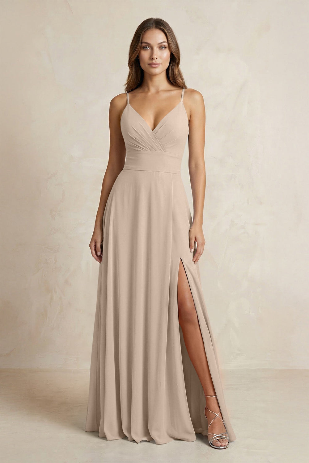 A - Line Cami Strap Chiffon Bridesmaid Dress With Slit in Almond - KISS BRIDAL Bridesmaid Dresses