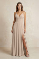A - Line Cami Strap Chiffon Bridesmaid Dress With Slit in Almond - KISS BRIDAL Bridesmaid Dresses
