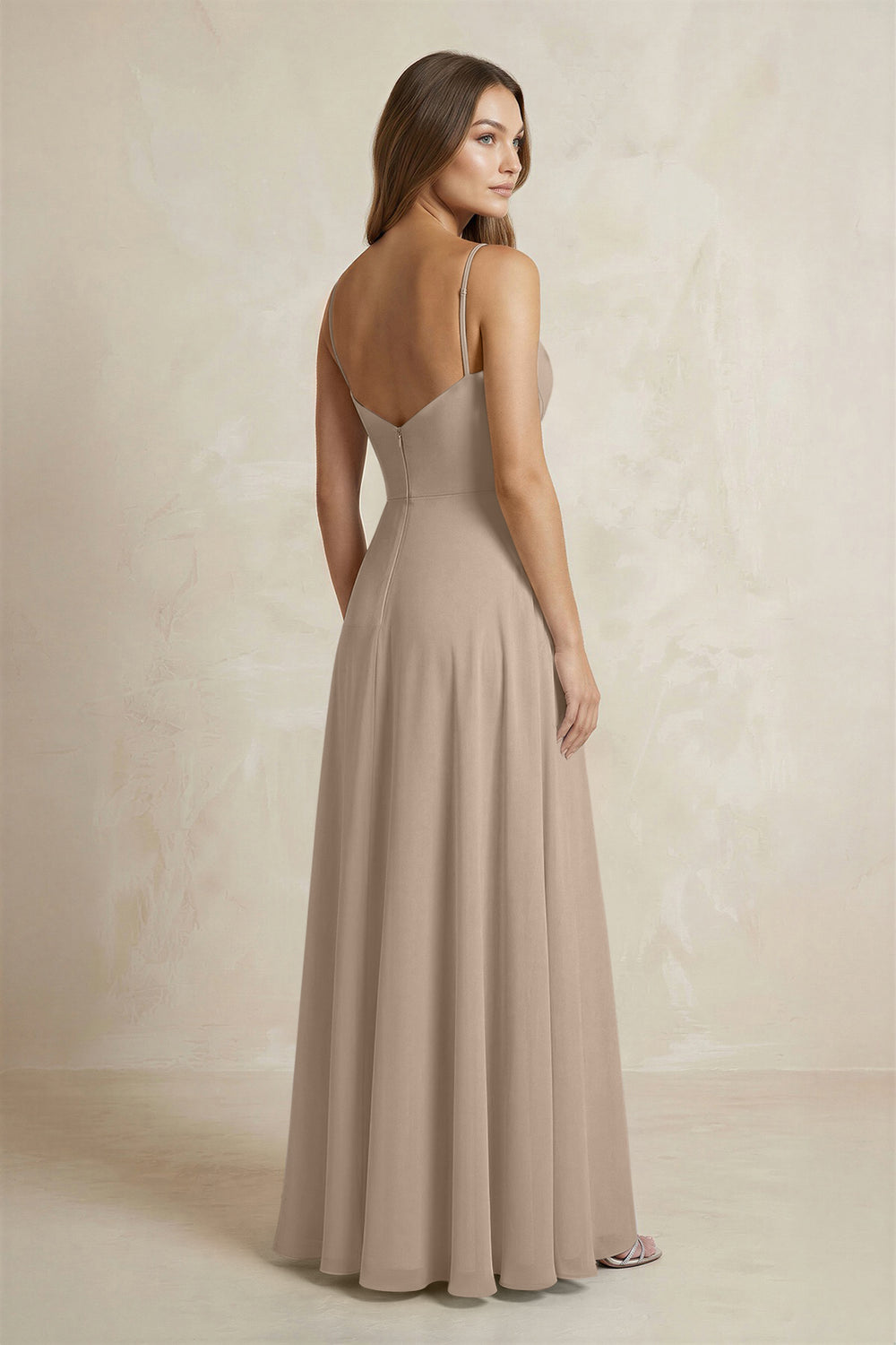 A-Line Cami Strap Chiffon Bridesmaid Dress With Slit in Almond