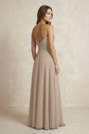 A-Line Cami Strap Chiffon Bridesmaid Dress With Slit in Almond (2) | KISSBRIDAL