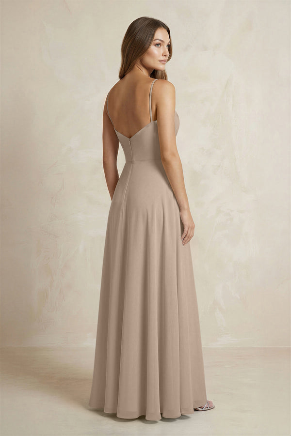 A-Line Cami Strap Chiffon Bridesmaid Dress With Slit in Almond (2) | KISSBRIDAL