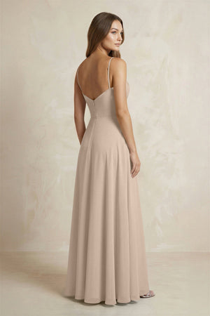 A - Line Cami Strap Chiffon Bridesmaid Dress With Slit in Almond - KISS BRIDAL Bridesmaid Dresses