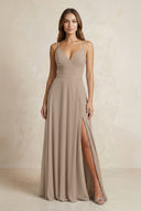 A-Line Cami Strap Chiffon Bridesmaid Dress With Slit in Almond | KISSBRIDAL