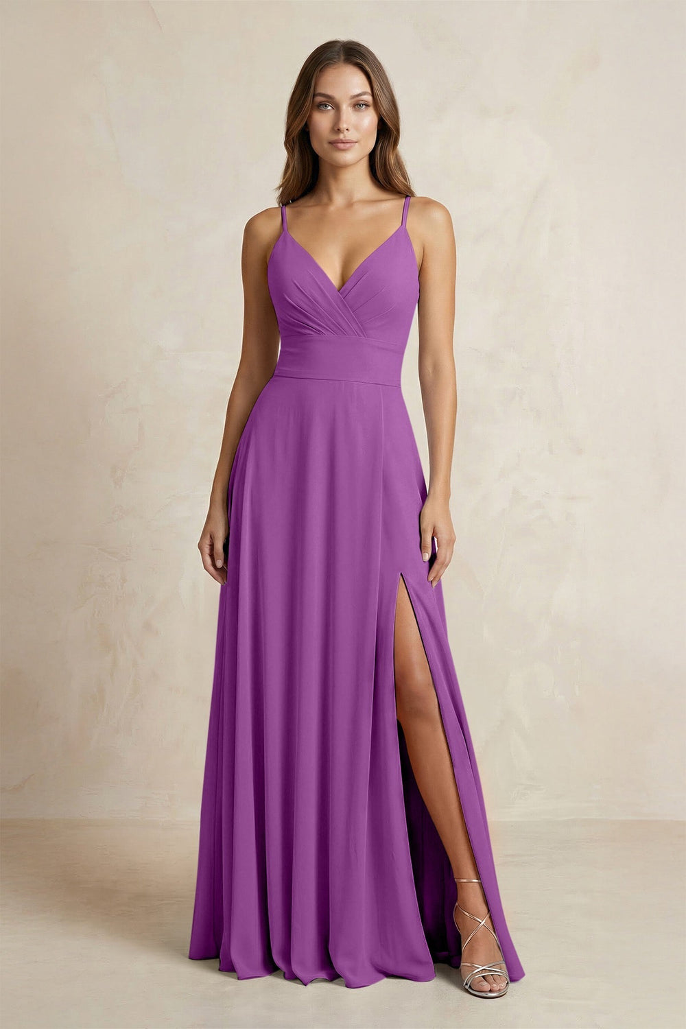 A - Line Cami Strap Chiffon Bridesmaid Dress With Slit in Amethyst - KISS BRIDAL Bridesmaid Dresses