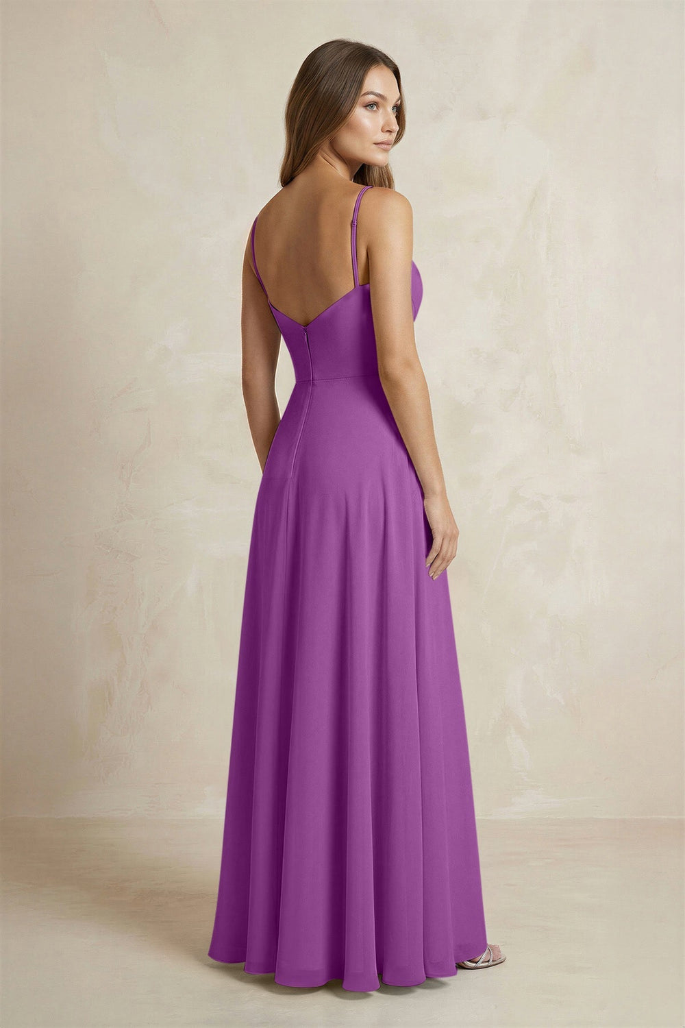 A - Line Cami Strap Chiffon Bridesmaid Dress With Slit in Amethyst - KISS BRIDAL Bridesmaid Dresses