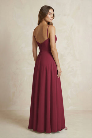 A-Line Cami Strap Chiffon Bridesmaid Dress With Slit in Berry (2) | KISSBRIDAL