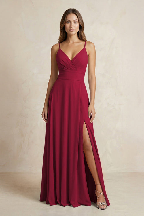 A - Line Cami Strap Chiffon Bridesmaid Dress With Slit in Berry - KISS BRIDAL Bridesmaid Dresses