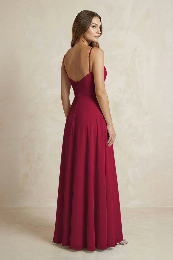A - Line Cami Strap Chiffon Bridesmaid Dress With Slit in Berry - KISS BRIDAL Bridesmaid Dresses