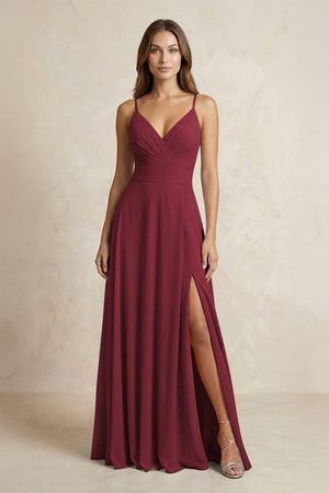 A-Line Cami Strap Chiffon Bridesmaid Dress With Slit in Berry | KISSBRIDAL