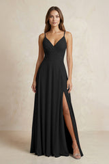 A - Line Cami Strap Chiffon Bridesmaid Dress With Slit in Black - KISS BRIDAL Bridesmaid Dresses