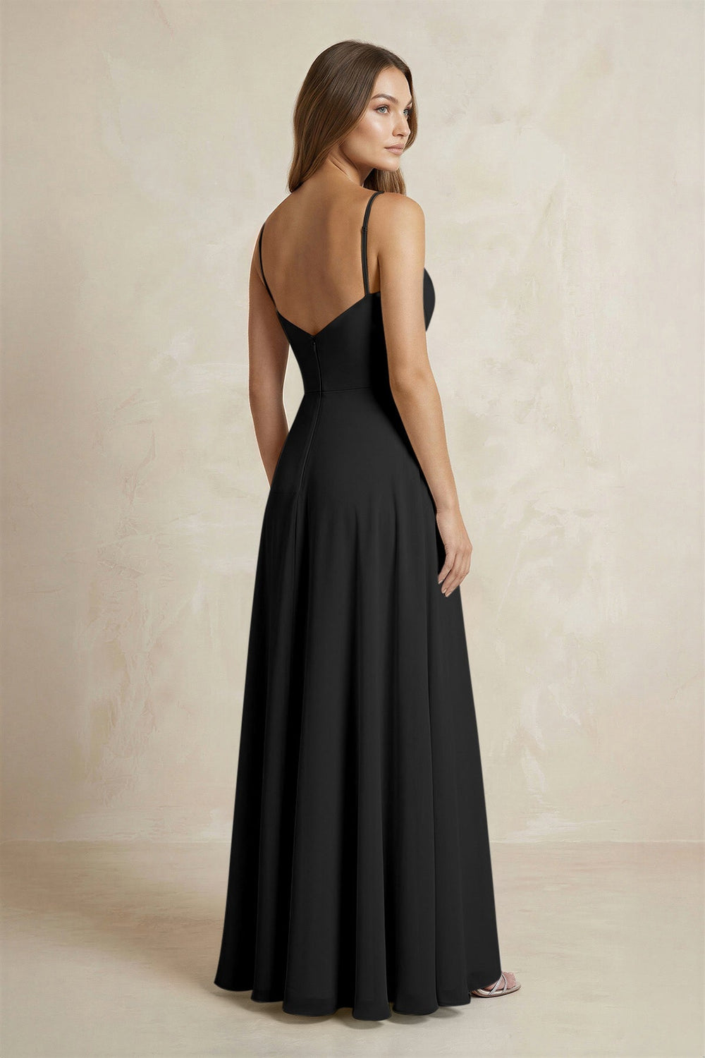 A - Line Cami Strap Chiffon Bridesmaid Dress With Slit in Black - KISS BRIDAL Bridesmaid Dresses
