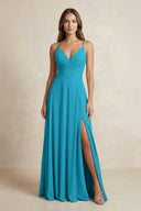 A - Line Cami Strap Chiffon Bridesmaid Dress With Slit in Blue Jay - KISS BRIDAL Bridesmaid Dresses